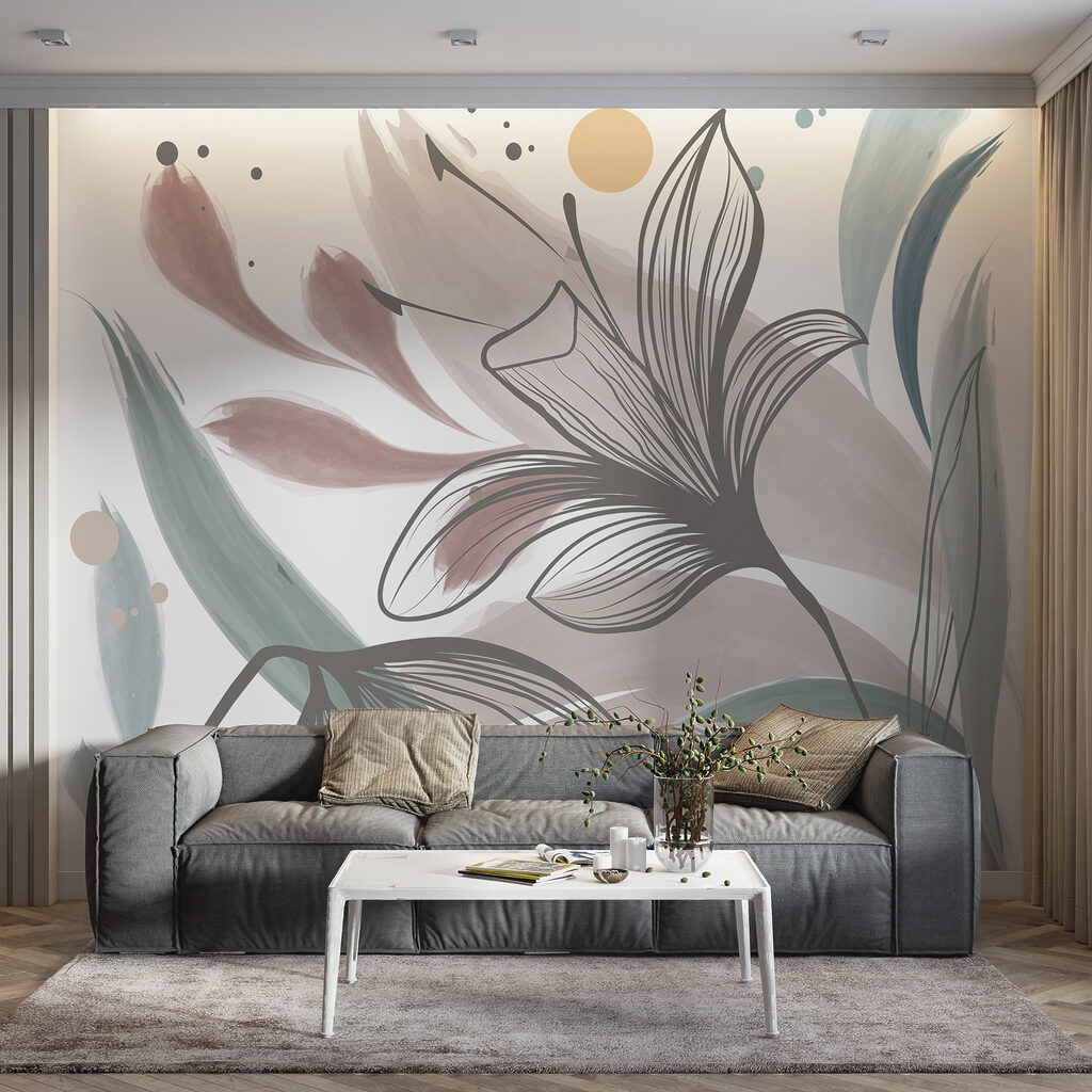 Fleurs dessinées et aplats dans un intérieur