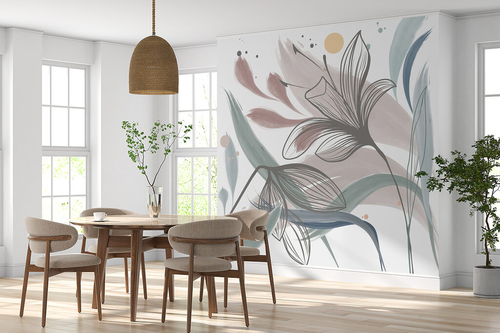 Fleurs dessinées et aplats dans un intérieur