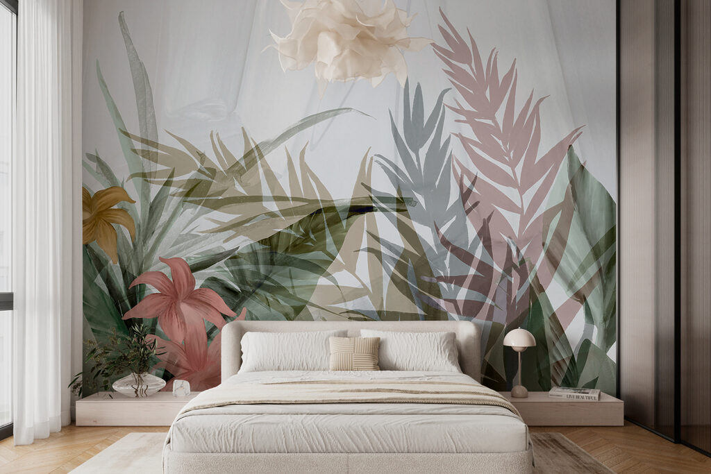 Feuilles devant un voile dans un intérieur