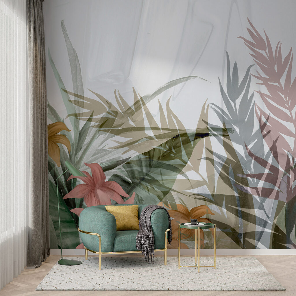 Feuilles devant un voile dans un intérieur