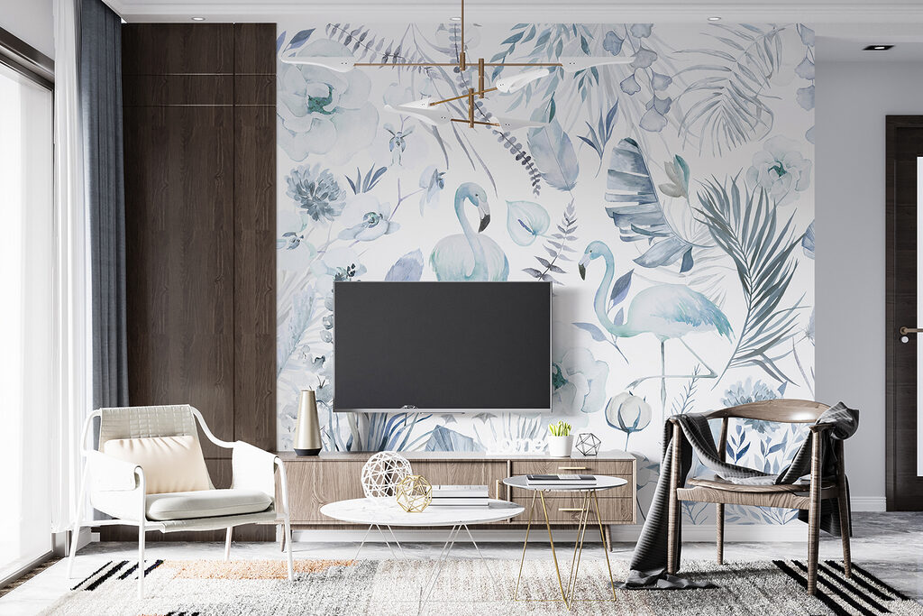 Flamants en motif fleuri dans un intérieur