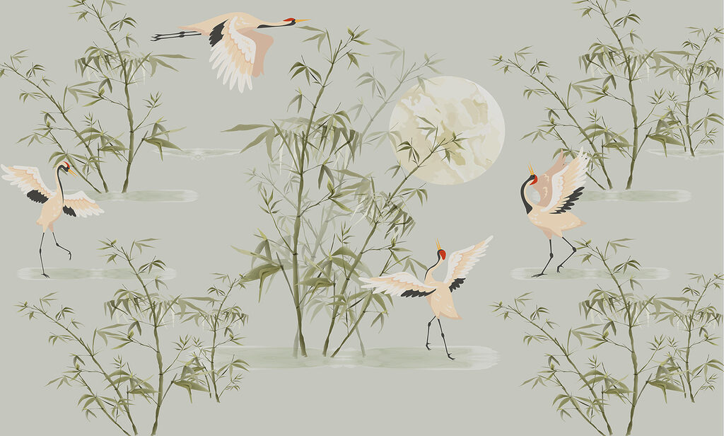Grues parmi les bambous — motif complet