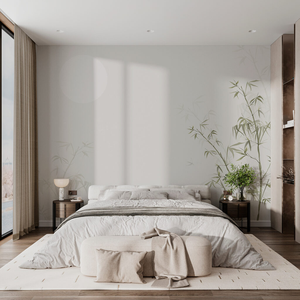 Astre pâle et bambou dans un intérieur