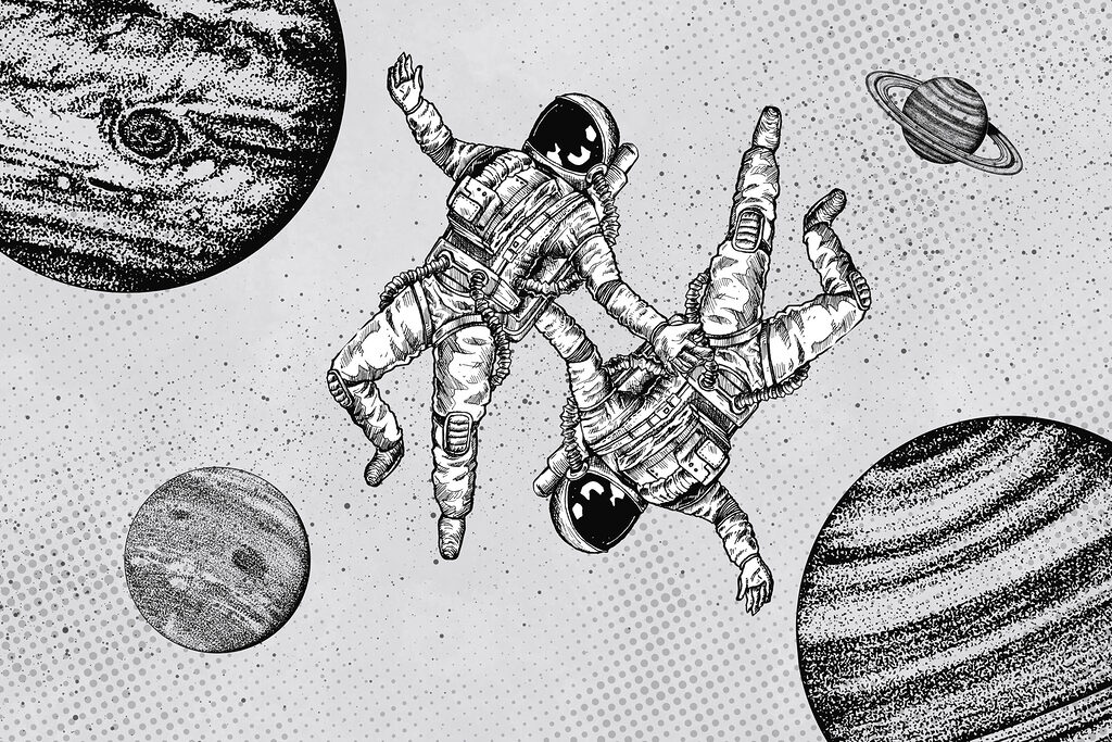 Deux astronautes en apesanteur — motif complet