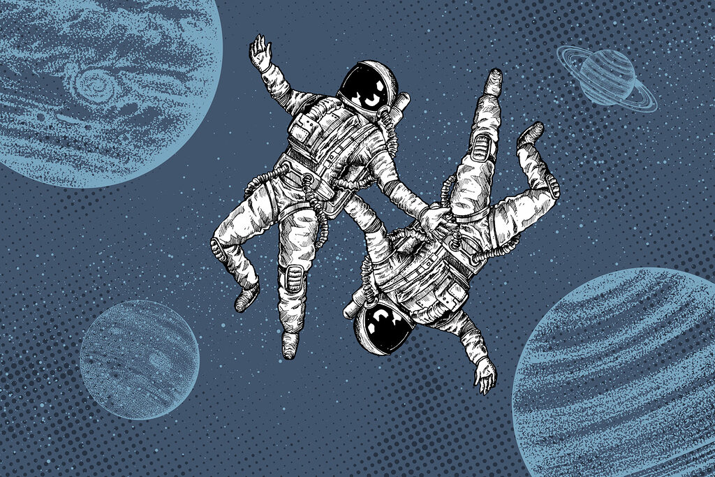 Deux astronautes en apesanteur — motif complet