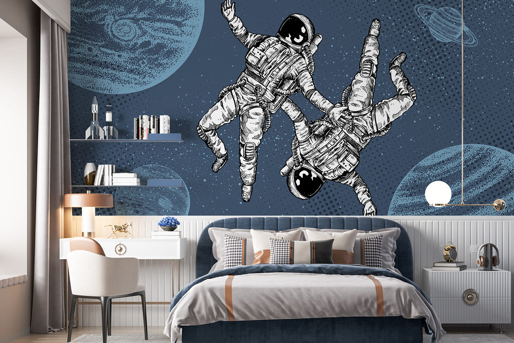 Deux astronautes en apesanteur dans un intérieur