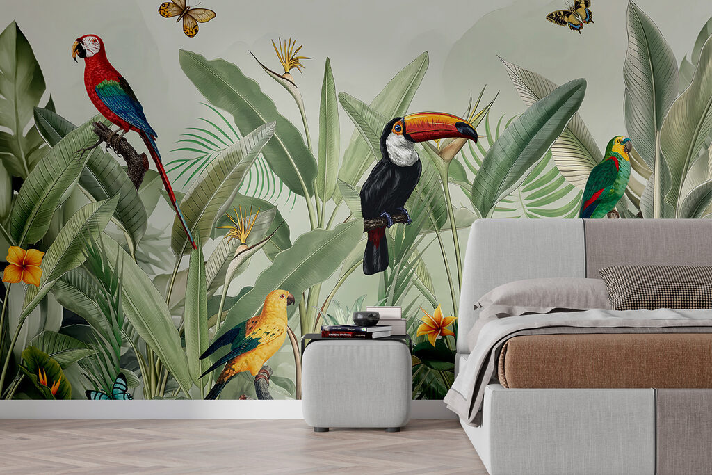 Toucan parmi les feuilles dans un intérieur