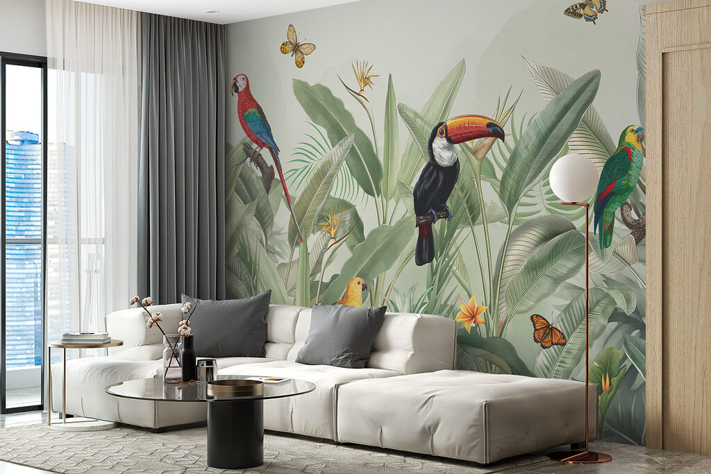 Toucan parmi les feuilles dans un intérieur