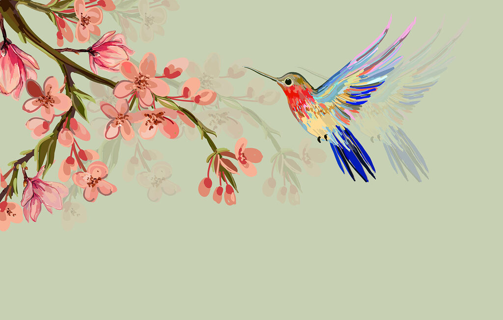 Colibri et branche fleurie — motif complet