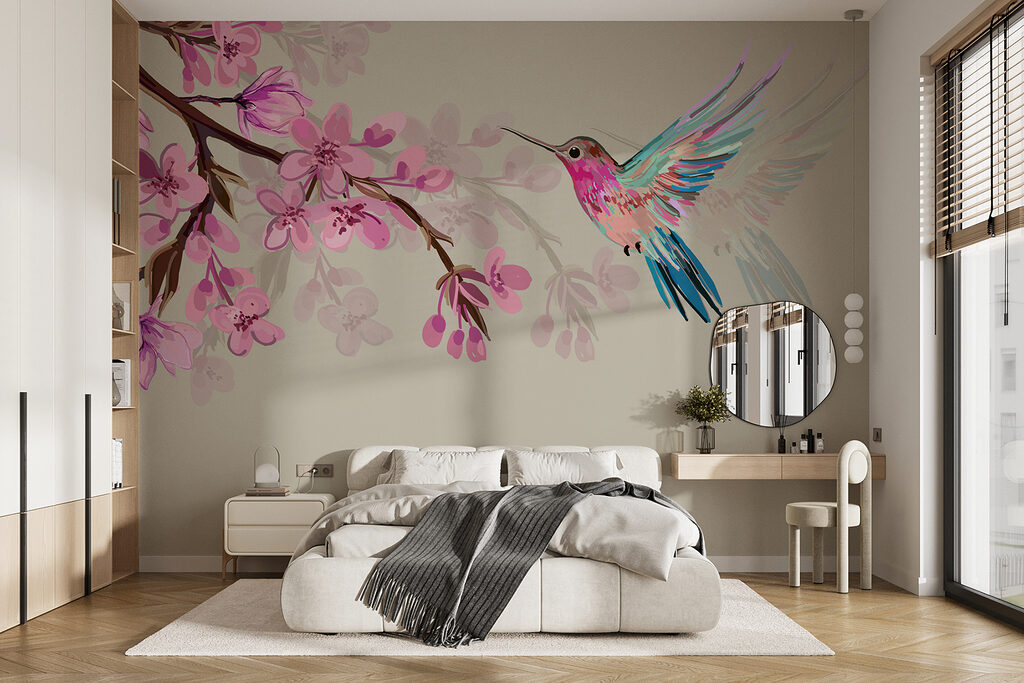 Colibri et branche fleurie dans un intérieur