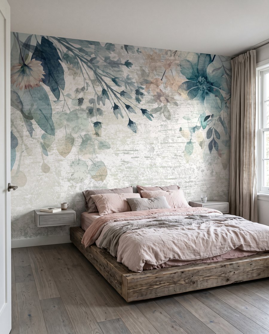 Fleurs bleues sur patine dans un intérieur