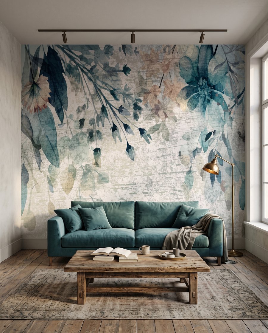 Fleurs bleues sur patine dans un intérieur
