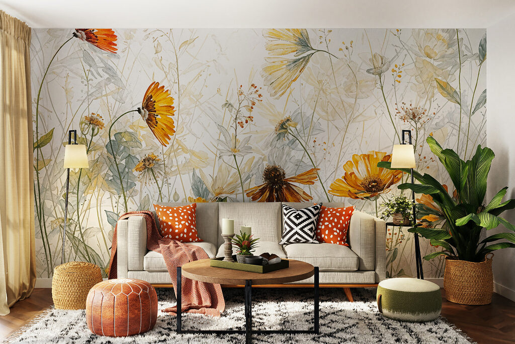 Fleurs jaunes à contre-jour dans un intérieur