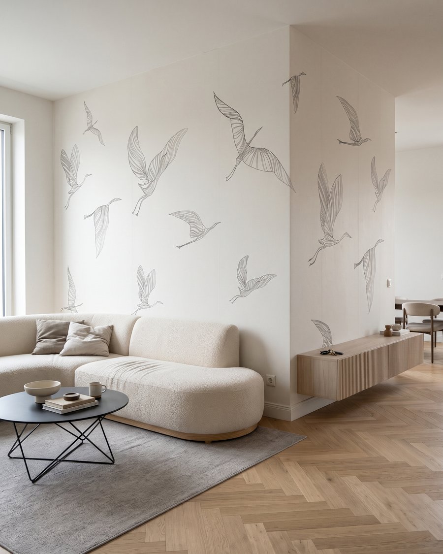 Grues en traits fins dans un intérieur