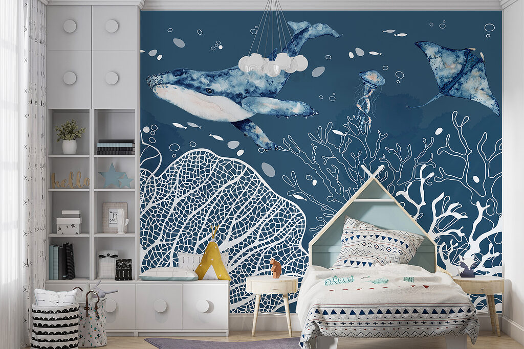 Baleine au-dessus des coraux dans un intérieur