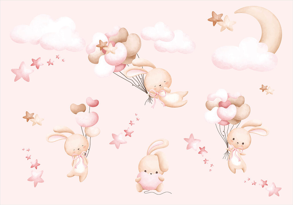 Lapins aux ballons roses — motif complet