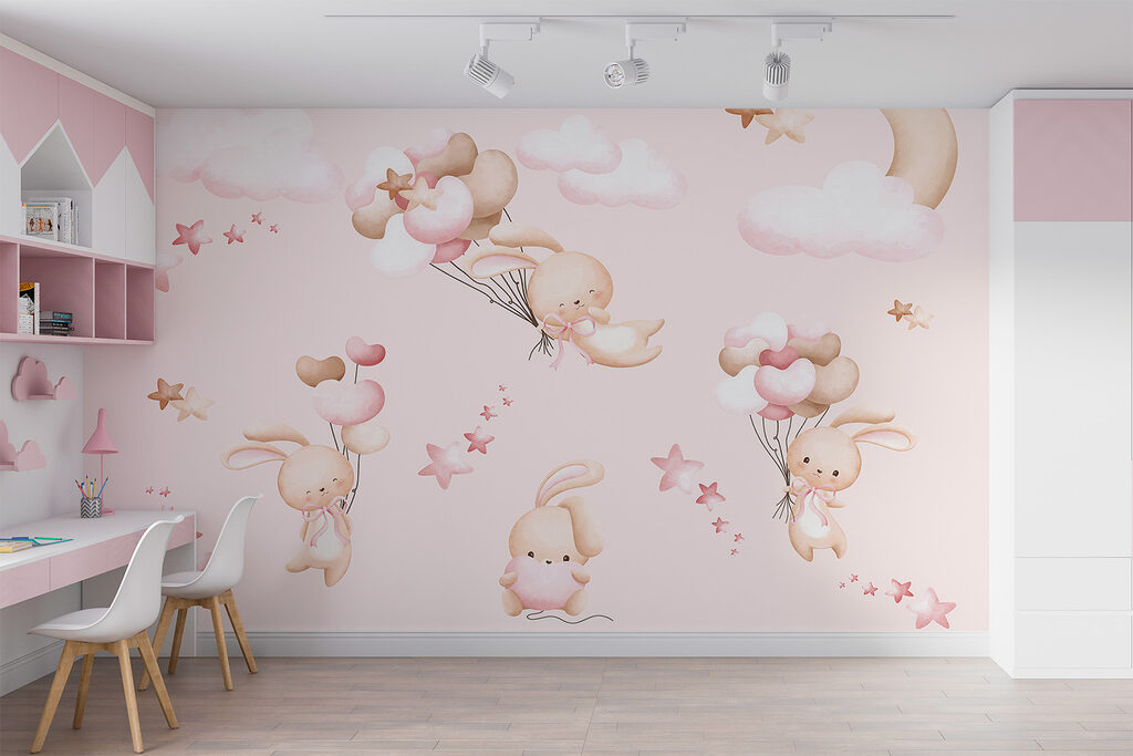 Lapins aux ballons roses dans un intérieur