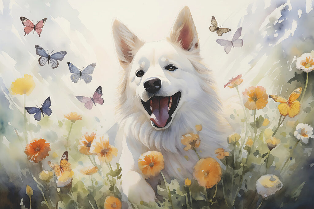 Chien blanc et papillons — motif complet