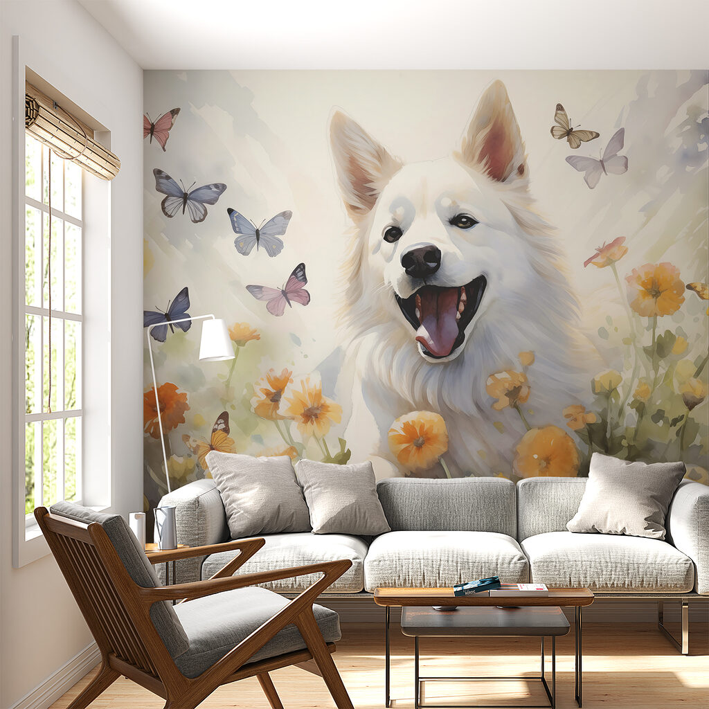 Chien blanc et papillons — intérieur 1