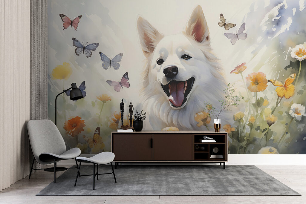 Chien blanc et papillons — intérieur 2