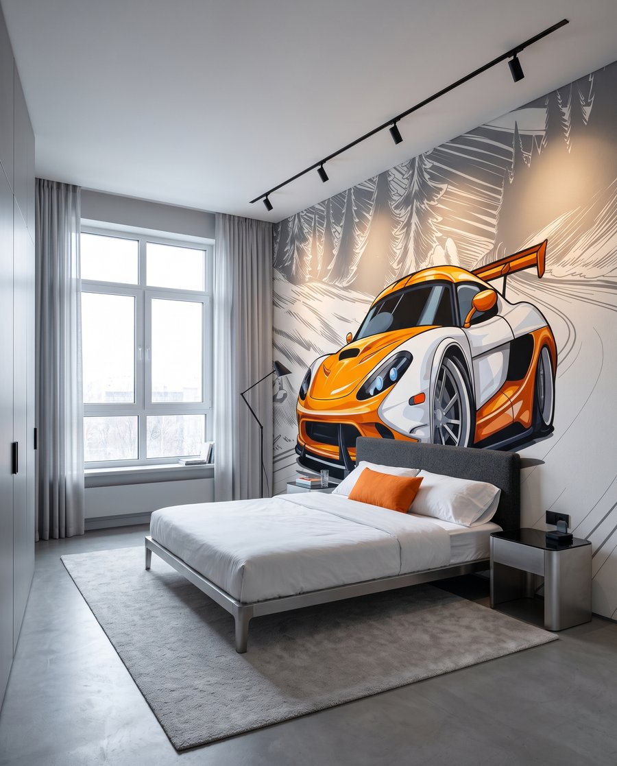 Voiture orange en virage dans un intérieur