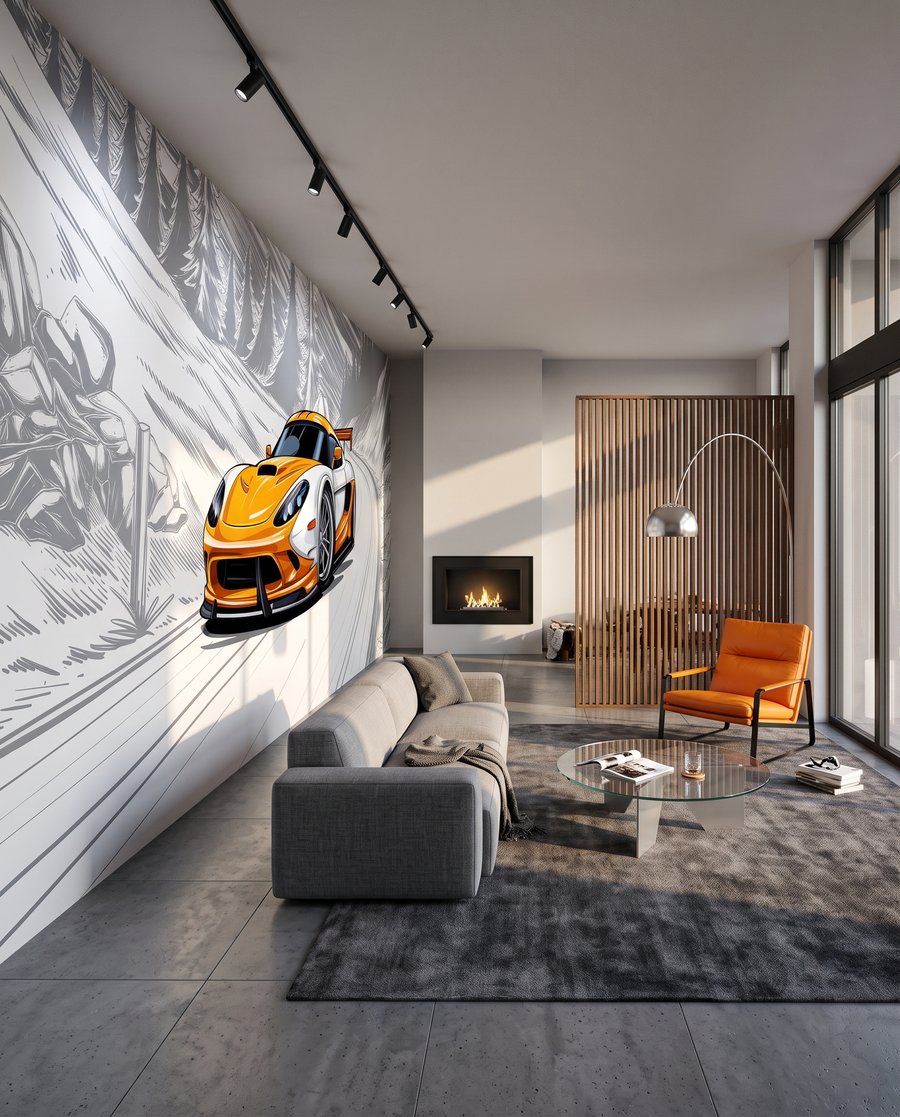 Voiture orange en virage dans un intérieur
