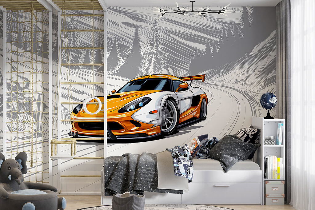 Voiture orange en virage dans un intérieur