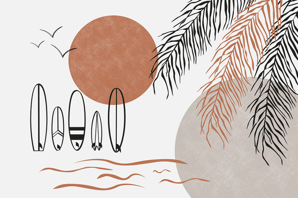 Surf, soleil et palmes — motif complet
