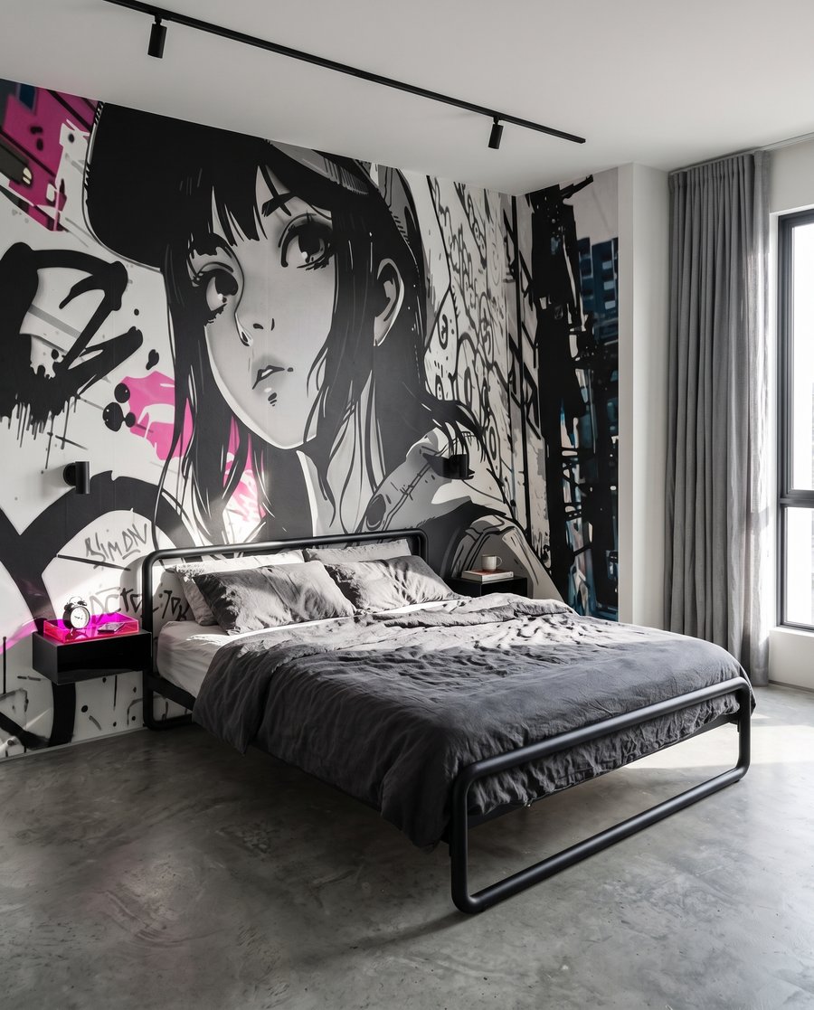 Jeune fille et graffitis dans un intérieur