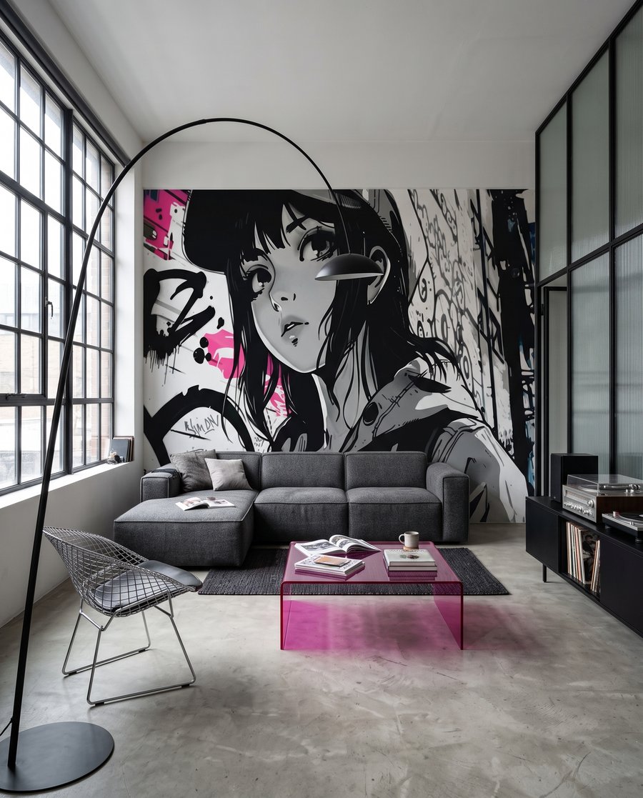 Jeune fille et graffitis dans un intérieur