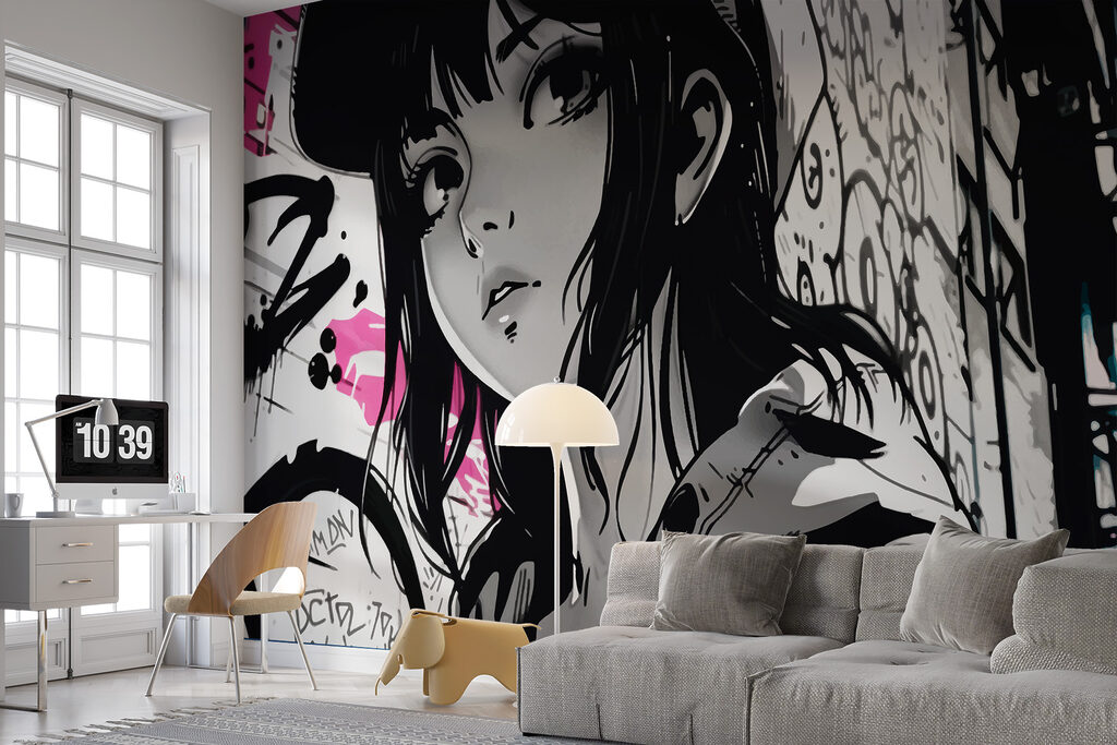Jeune fille et graffitis dans un intérieur
