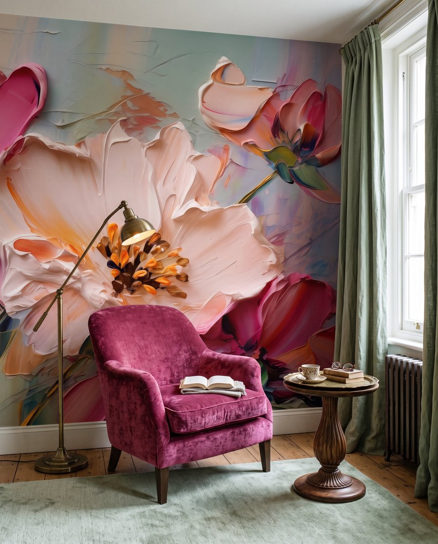 Fleurs roses au pinceau dans un intérieur