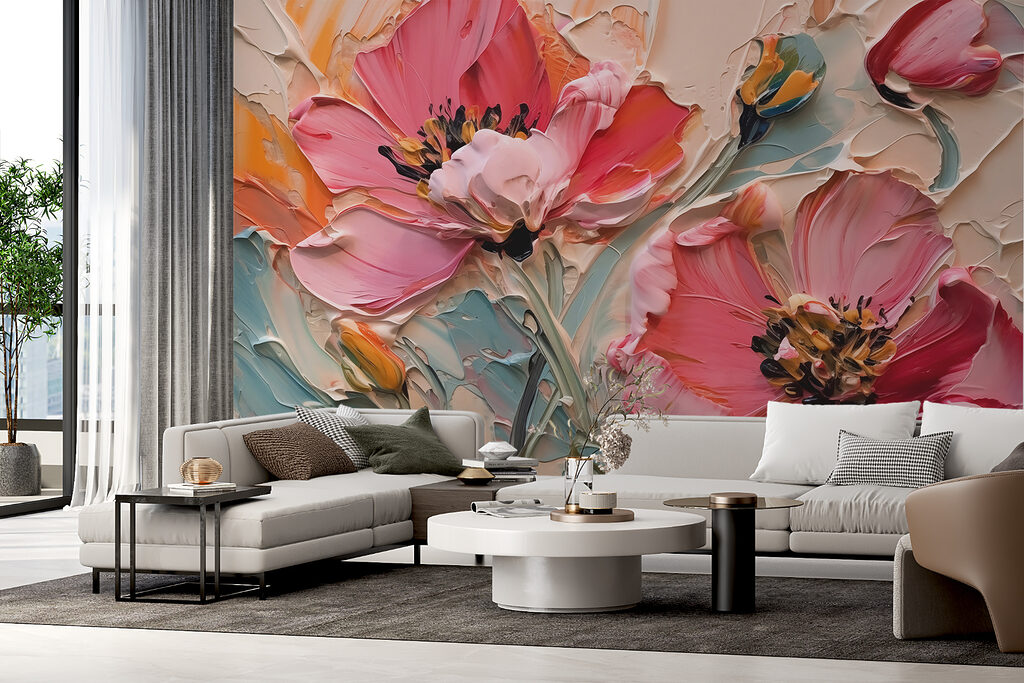 Fleurs rose corail dans un intérieur