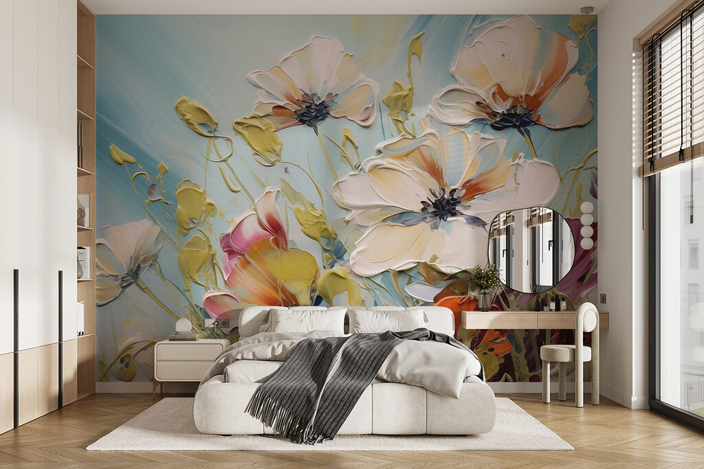 Fleurs blanches sur azur dans un intérieur