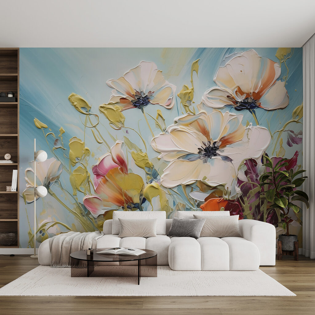 Fleurs blanches sur azur dans un intérieur