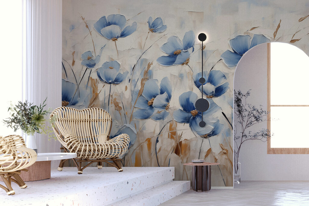 Fleurs bleues et blés dans un intérieur