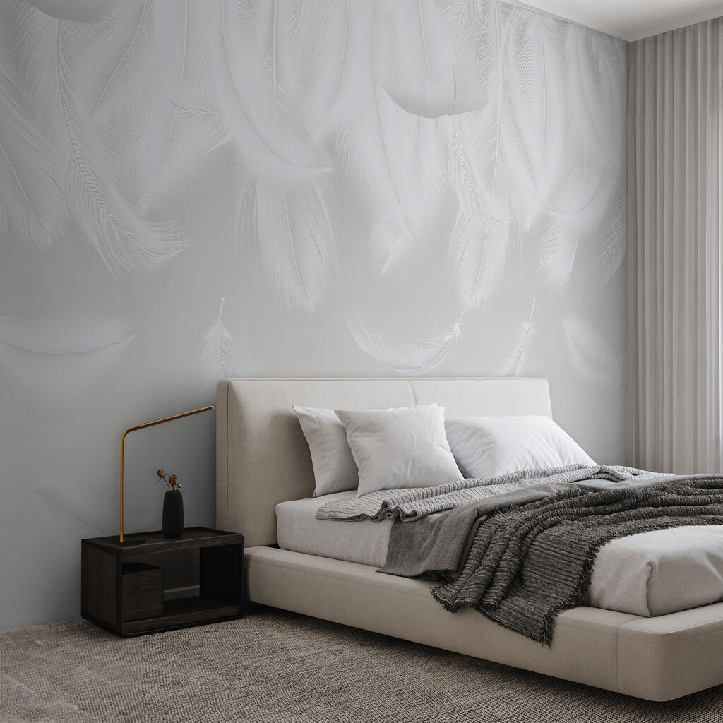 Pluie de plumes blanches dans un intérieur