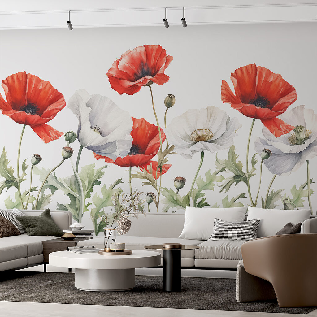 Coquelicots rouges et blancs dans un intérieur