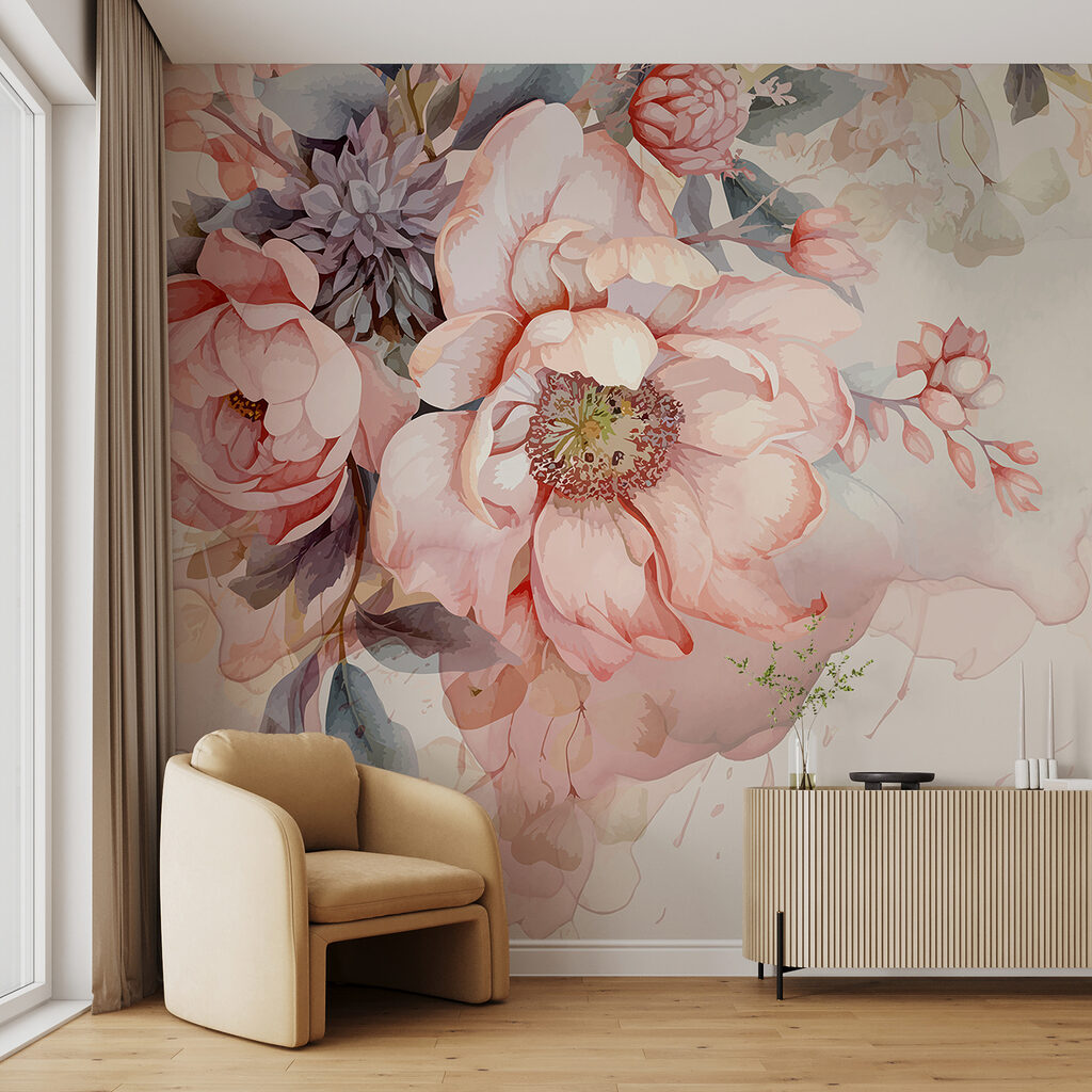 Roses sur beige doux dans un intérieur