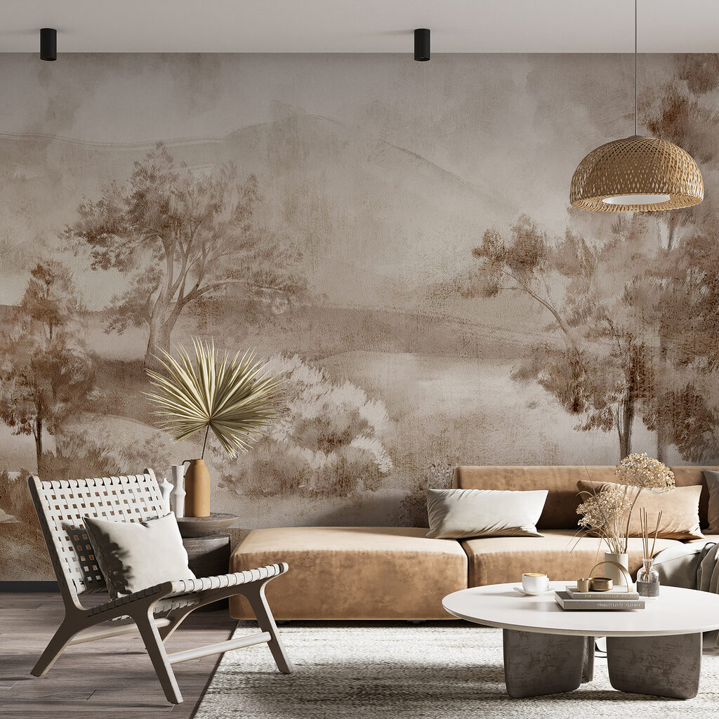 Arbres et collines brumeuses dans un intérieur