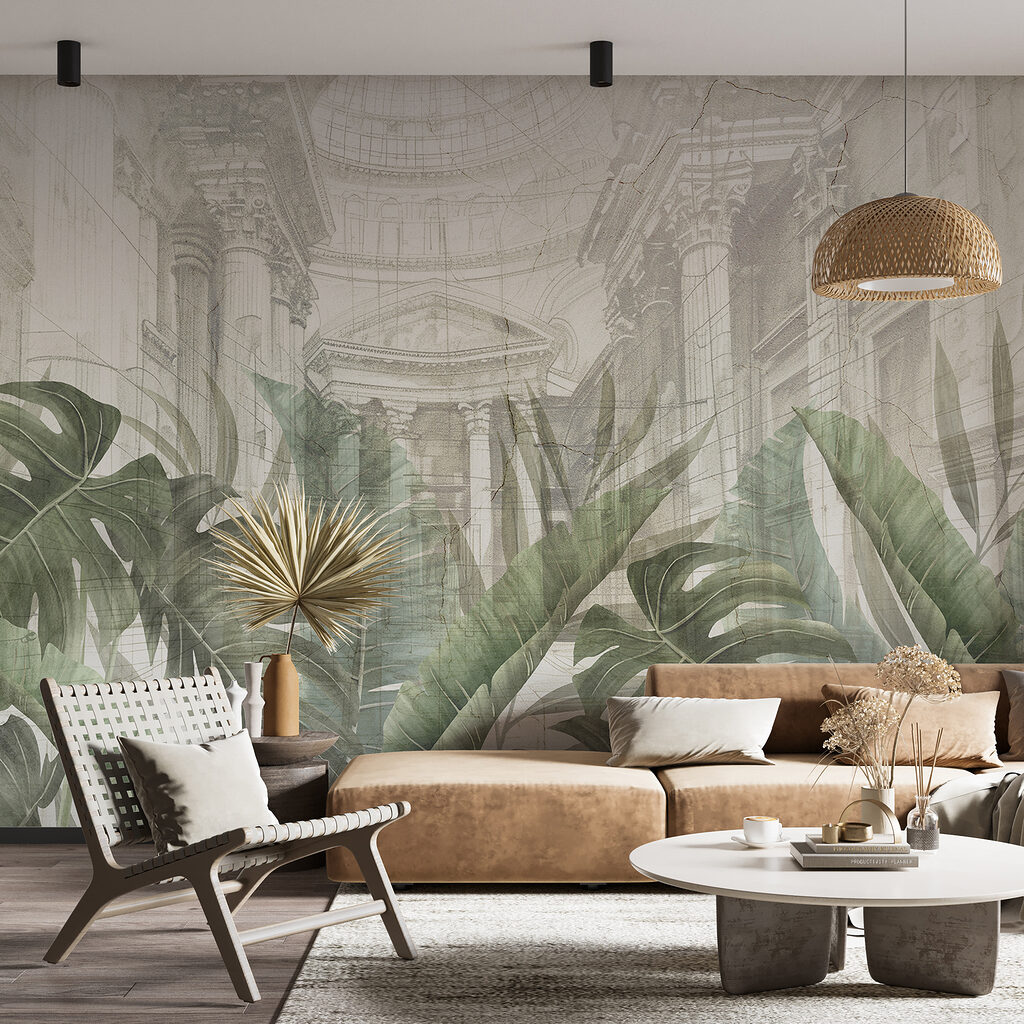 Feuilles devant la serre dans un intérieur