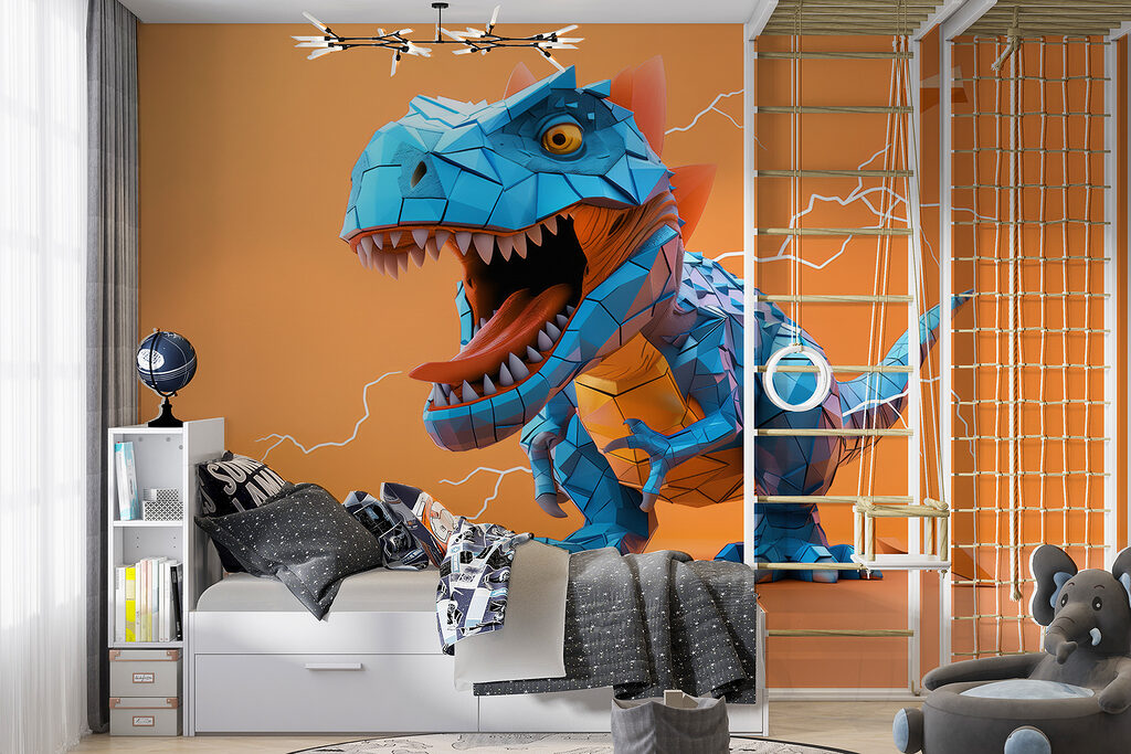 Dinosaure bleu et éclairs dans un intérieur