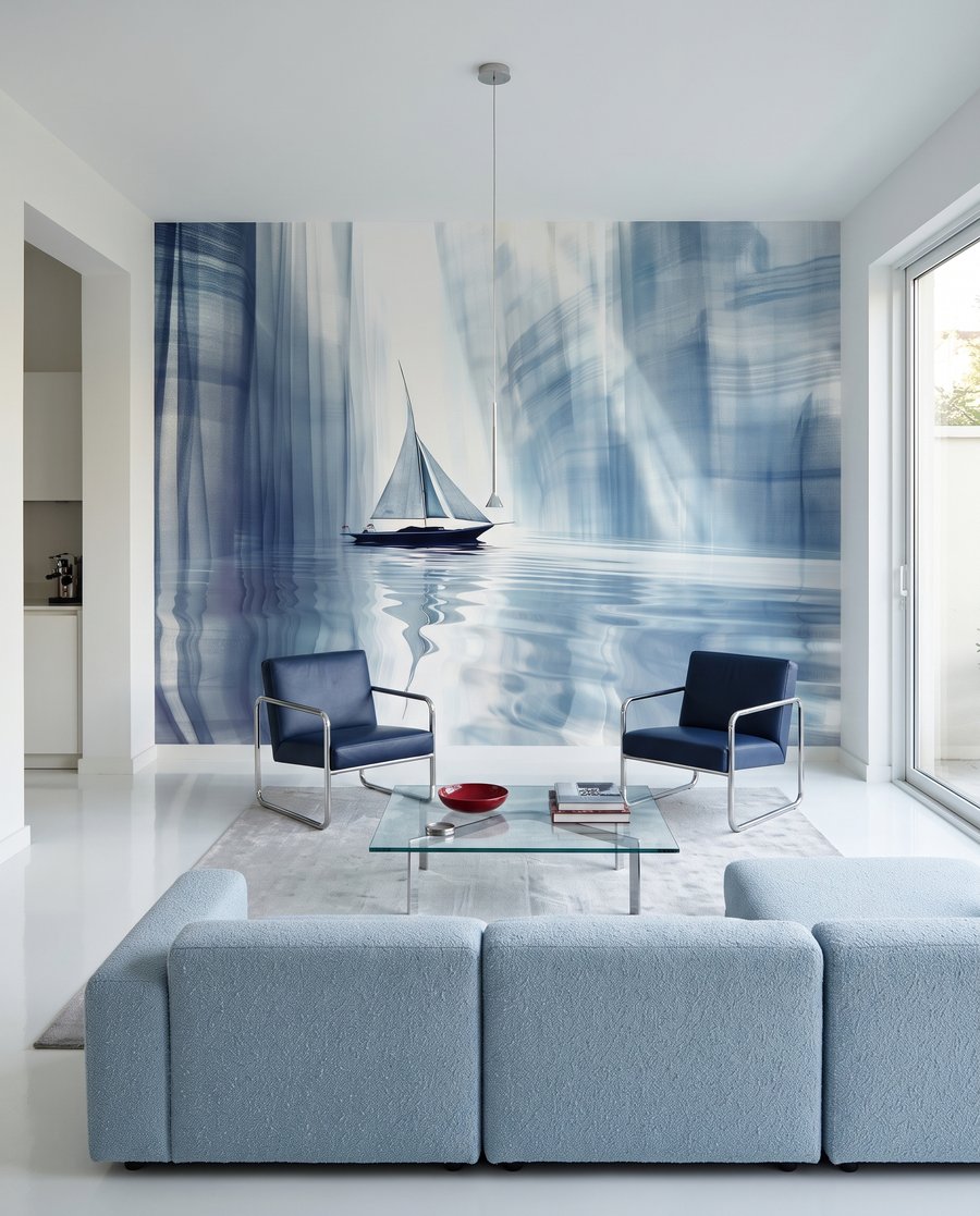 Voilier entre parois bleues dans un intérieur