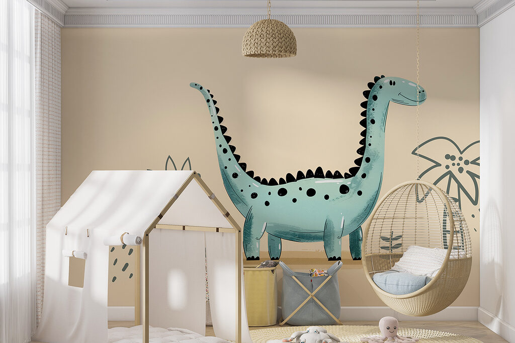 Dinosaure au long cou dans un intérieur