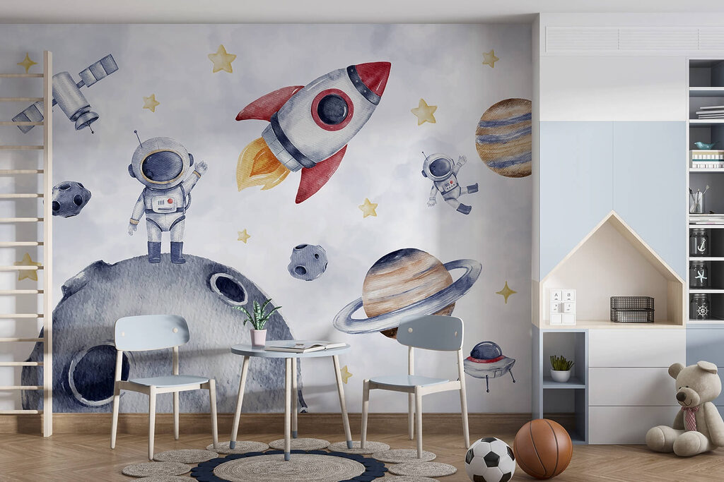 Fusée frôlant la lune dans un intérieur