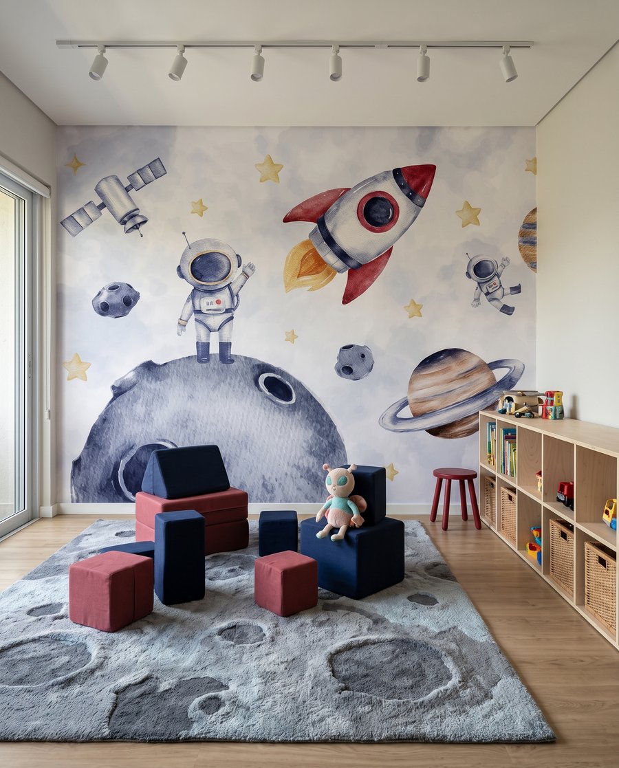 Fusée frôlant la lune dans un intérieur