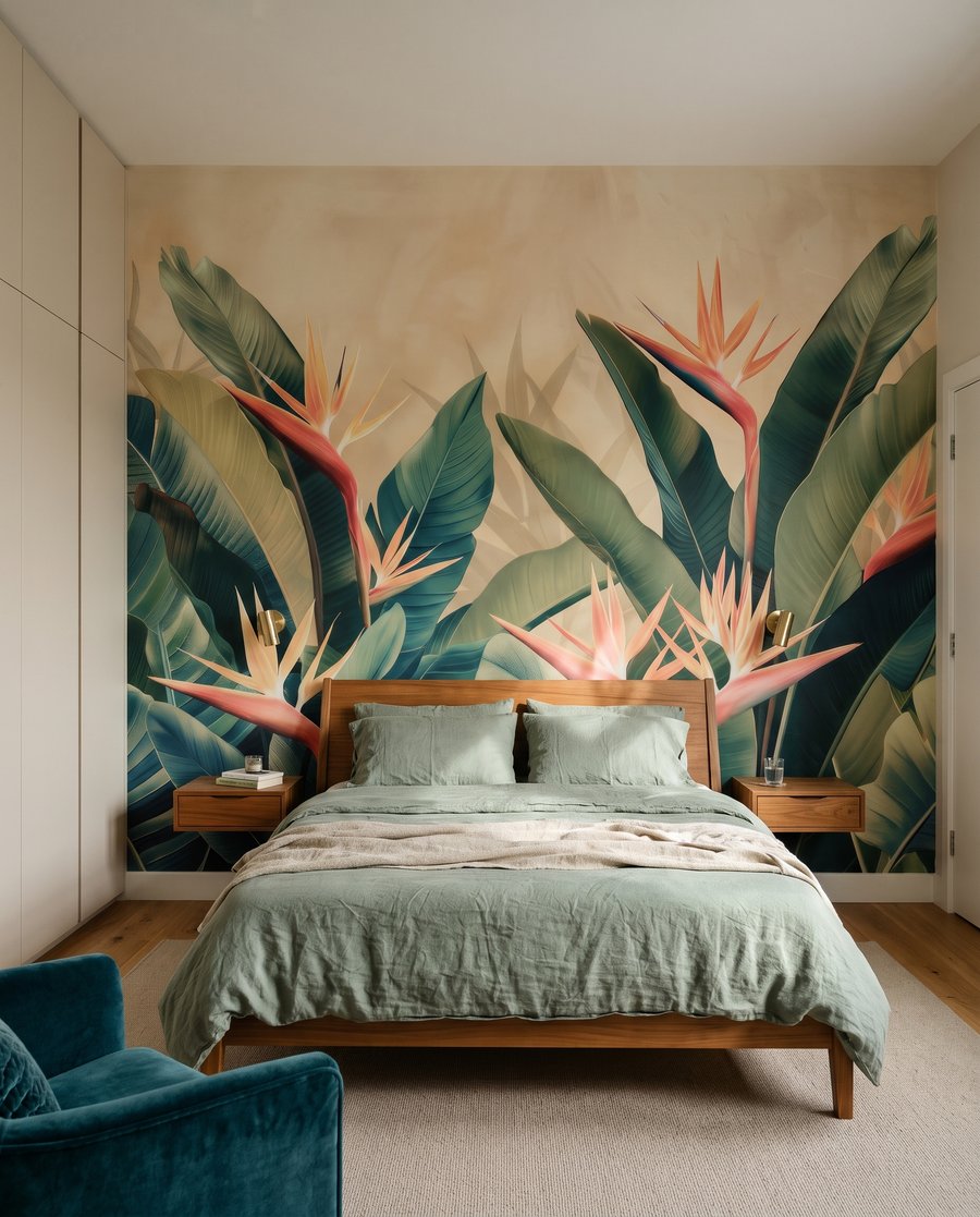 Strélitzias et feuilles sombres — intérieur 2