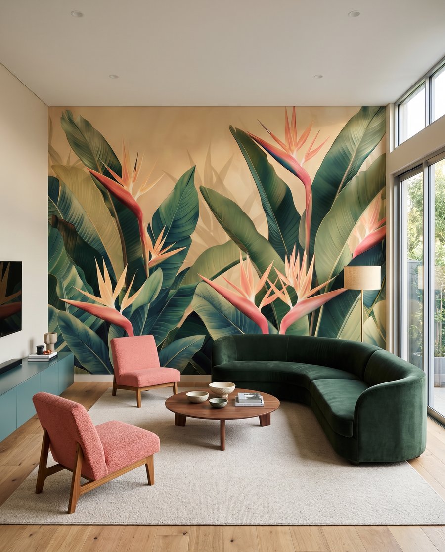 Strélitzias et feuilles sombres — intérieur 4