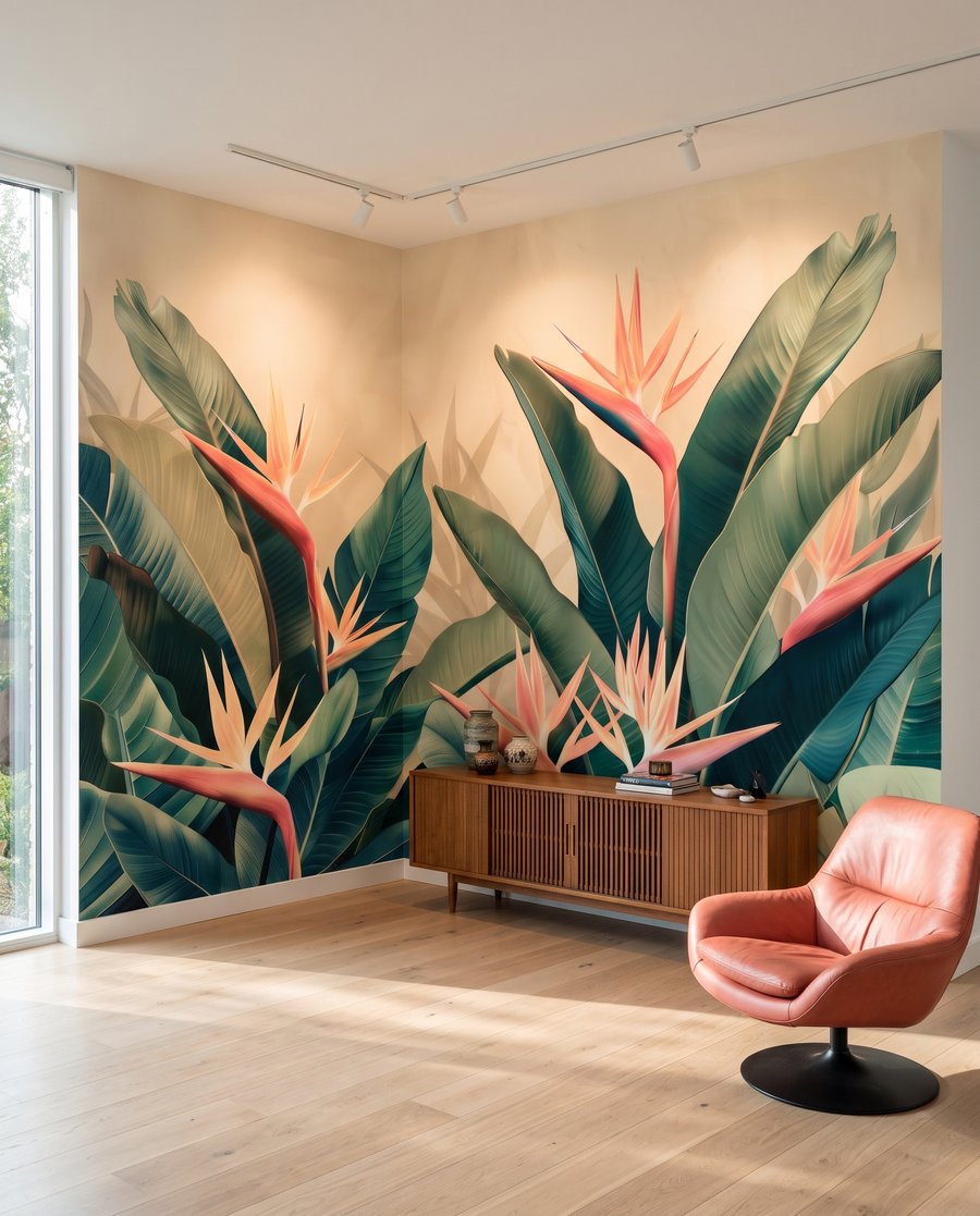 Strélitzias et feuilles sombres — intérieur 1