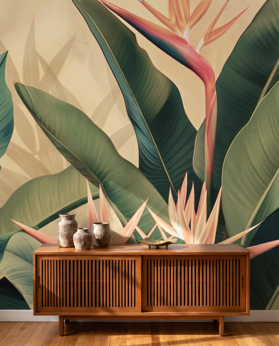 Strélitzias et feuilles sombres — intérieur 9